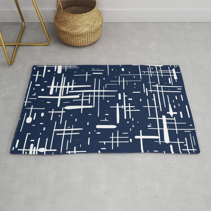 Mid-Century Modern Kinetikos Pattern in Nautical Navy Blue and White Rug Gallery Image 1