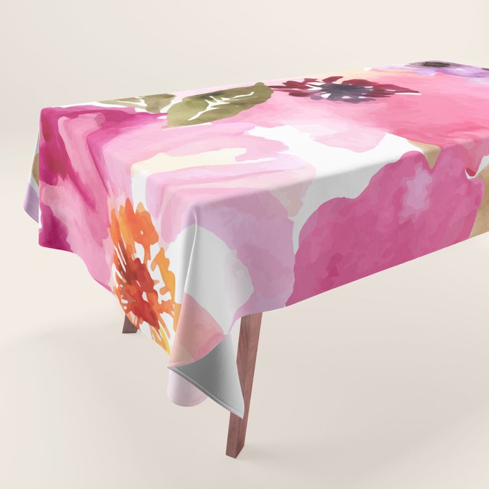 Watercolor Flowers Pink Fuchsia Tablecloth Gallery Image 1