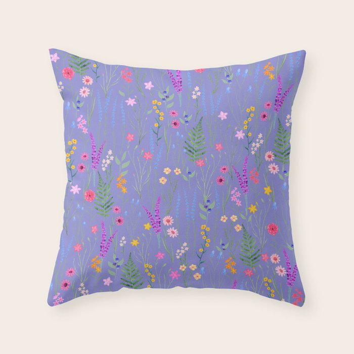blue meadows colorful floral pattern Throw Pillow Gallery Image 6