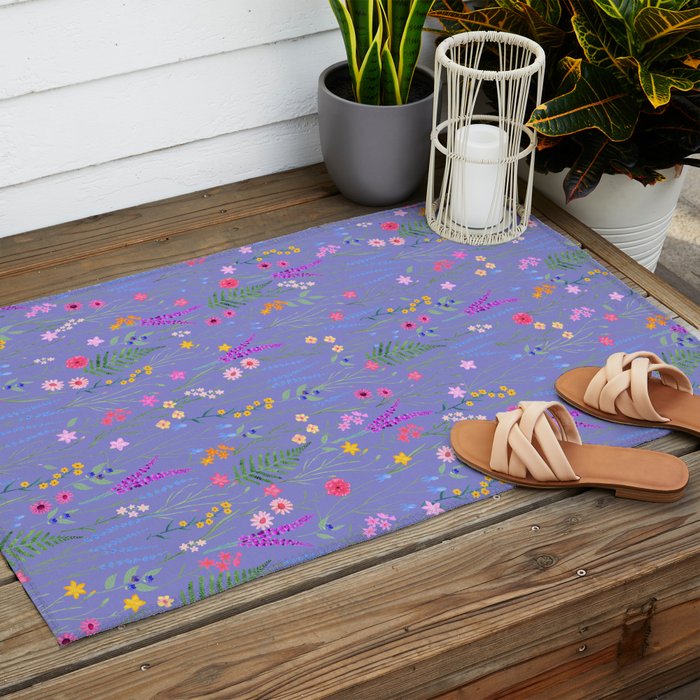 blue meadows colorful floral pattern Outdoor Rug Gallery Image 2
