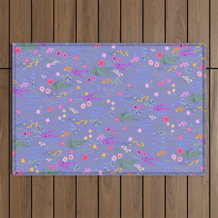 blue meadows colorful floral pattern Outdoor Rug Gallery Image 1