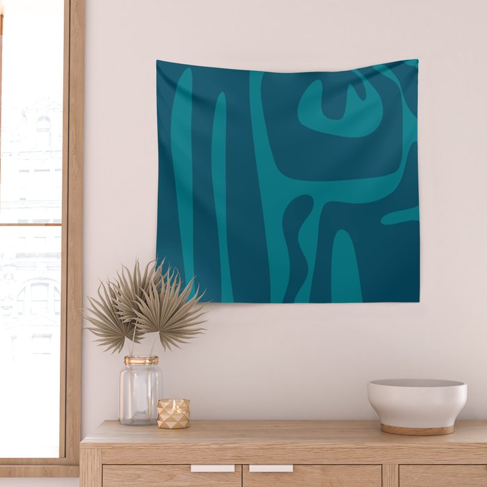 Mid Century Modern Abstract Kwaito Pattern in Teal Blue Tones Wall Tapestry Gallery Image 2
