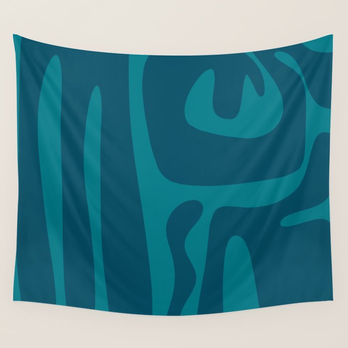 Mid Century Modern Abstract Kwaito Pattern in Teal Blue Tones Wall Tapestry Gallery Image 4