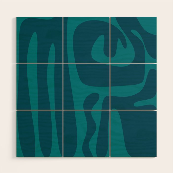 Mid Century Modern Abstract Kwaito Pattern in Teal Blue Tones Wood Wall Art Gallery Image 1