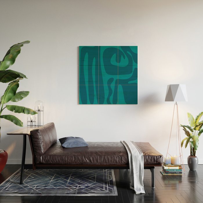 Mid Century Modern Abstract Kwaito Pattern in Teal Blue Tones Wood Wall Art Gallery Image 2