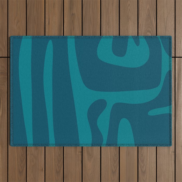 Mid Century Modern Abstract Kwaito Pattern in Teal Blue Tones Outdoor Rug Gallery Image 1