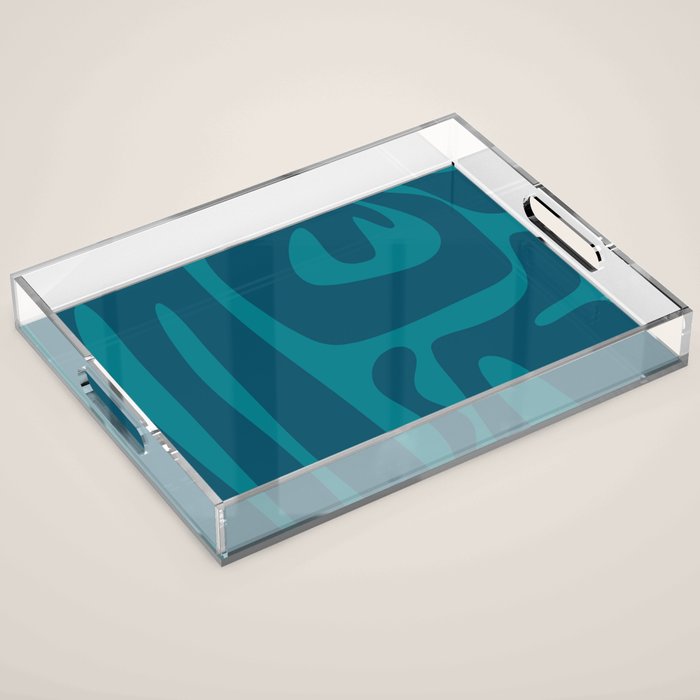 Mid Century Modern Abstract Kwaito Pattern in Teal Blue Tones Acrylic Tray Gallery Image 1