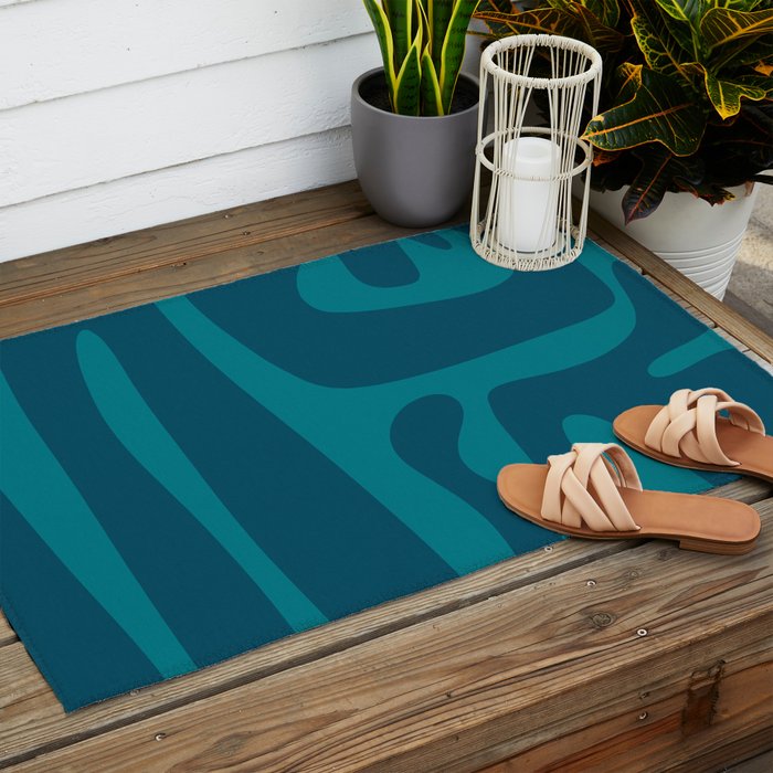 Mid Century Modern Abstract Kwaito Pattern in Teal Blue Tones Outdoor Rug Gallery Image 2