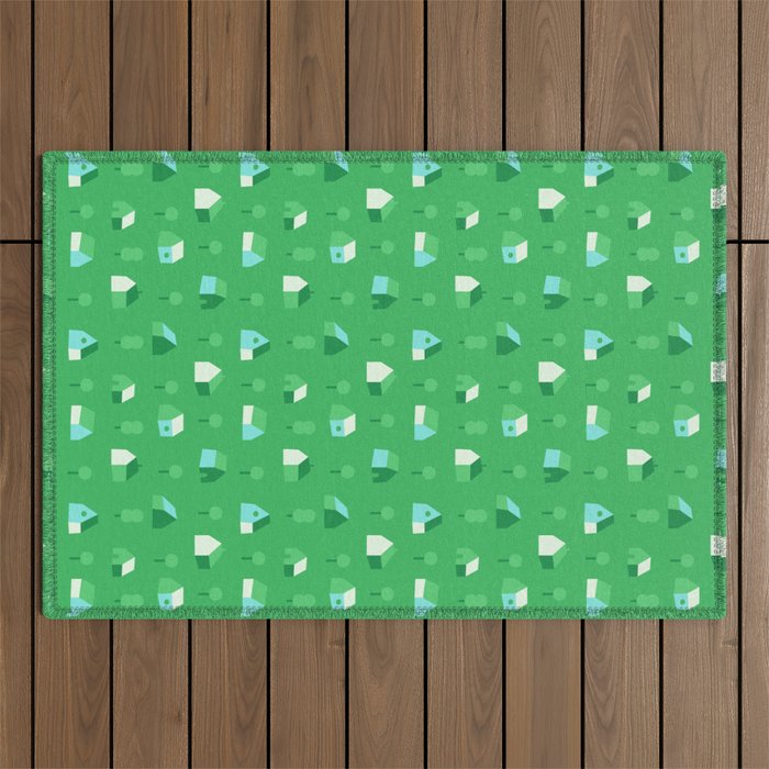Green eco friendly house city pattern Outdoor Rug Gallery Image 1