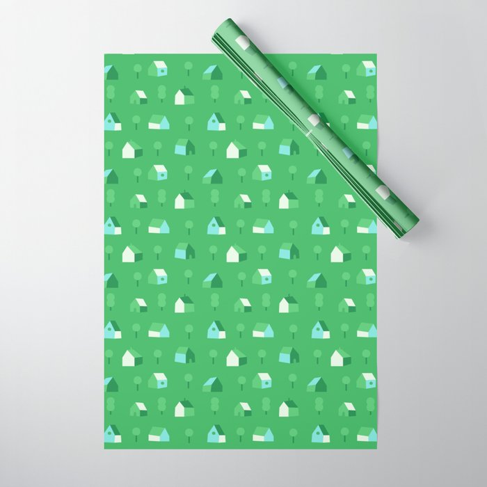 Green eco friendly house city pattern Wrapping Paper Gallery Image 1