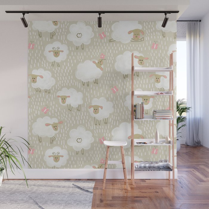 Cute Fluffy Sheep Pattern Wall Mural Gallery Image 1