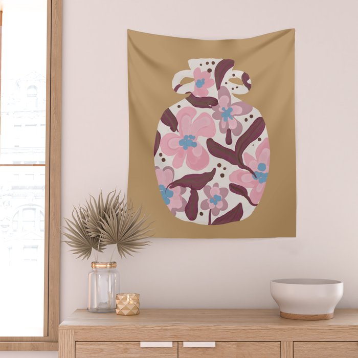Blush Folk Floral Vase Wall Tapestry Gallery Image 2