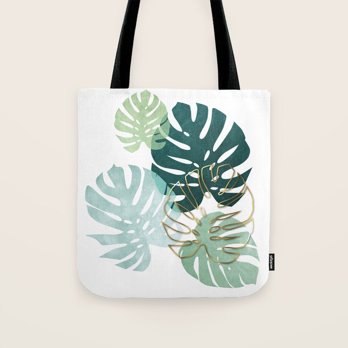 Tropical minimal / green, turquoise and gold monstera Tote Bag Gallery Image 1