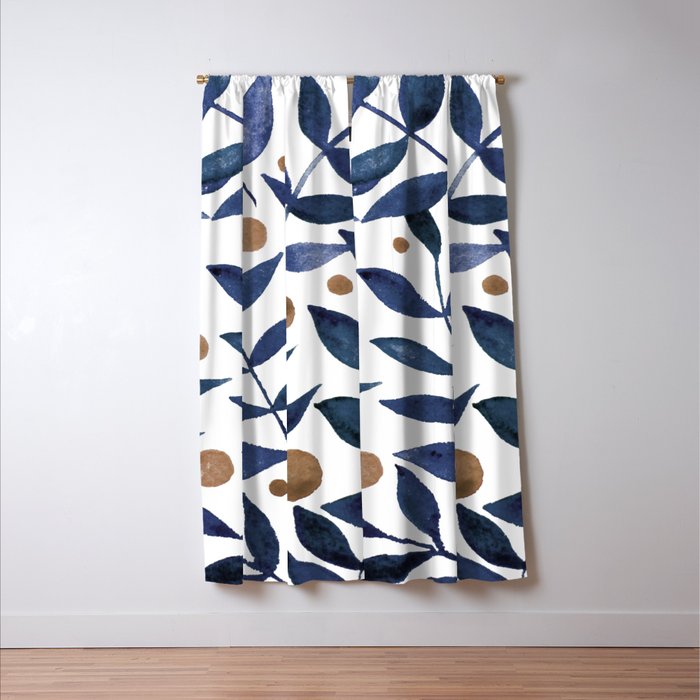 Watercolor berries and branches - indigo and beige Window Curtain Gallery Image 3