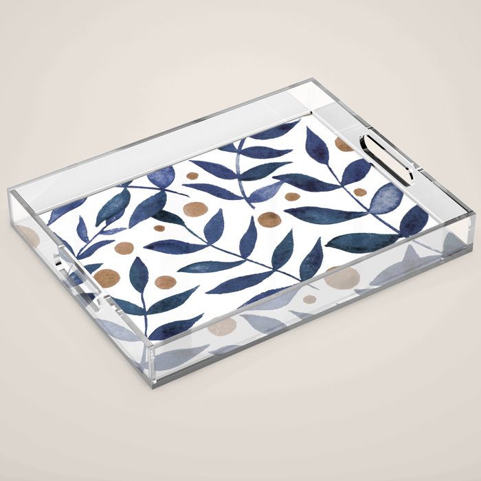 Watercolor berries and branches - indigo and beige Acrylic Tray Gallery Image 1