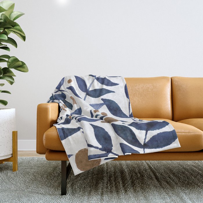 Watercolor berries and branches - indigo and beige Throw Blanket Gallery Image 1