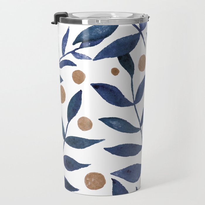 Watercolor berries and branches - indigo and beige Travel Mug Gallery Image 3