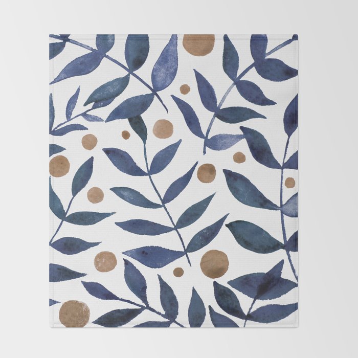 Watercolor berries and branches - indigo and beige Throw Blanket Gallery Image 2