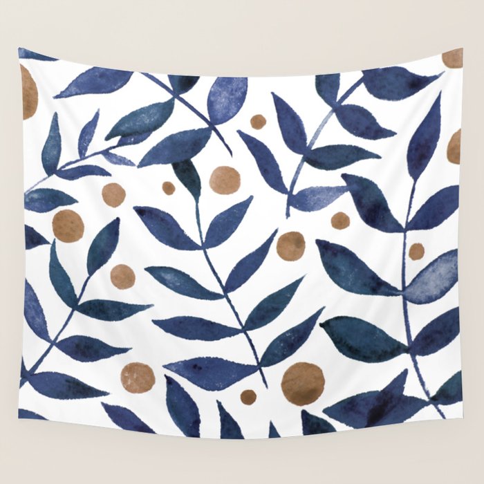 Watercolor berries and branches - indigo and beige Wall Tapestry Gallery Image 4