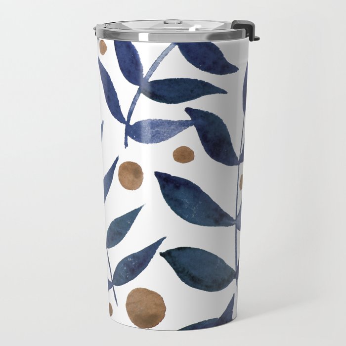 Watercolor berries and branches - indigo and beige Travel Mug Gallery Image 2