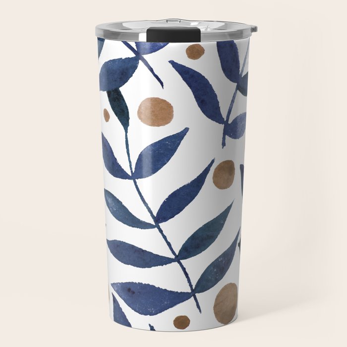Watercolor berries and branches - indigo and beige Travel Mug Gallery Image 1