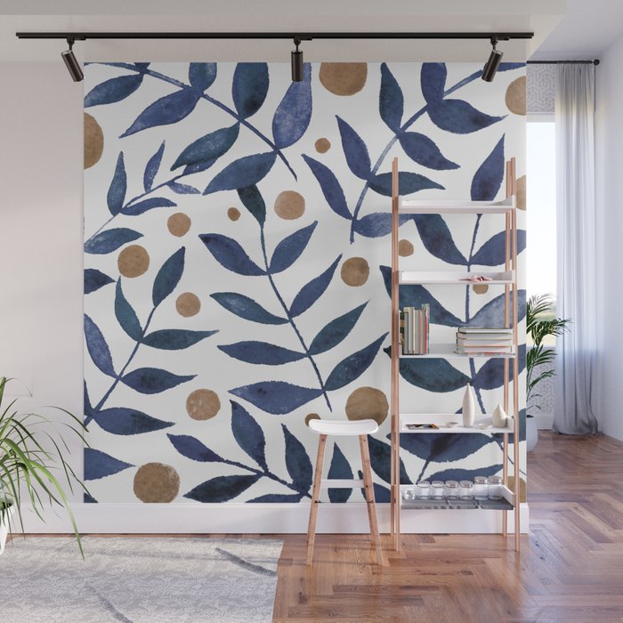 Watercolor berries and branches - indigo and beige Wall Mural Gallery Image 1
