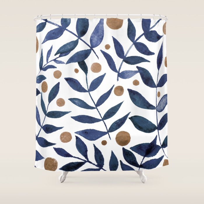 Watercolor berries and branches - indigo and beige Shower Curtain Gallery Image 1