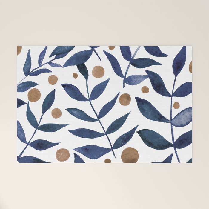 Watercolor berries and branches - indigo and beige Welcome Mat Gallery Image 1