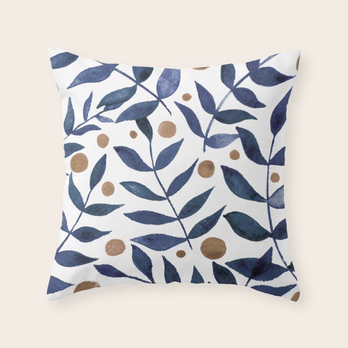 Watercolor berries and branches - indigo and beige Throw Pillow Gallery Image 1