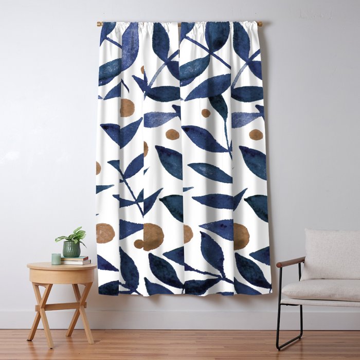 Watercolor berries and branches - indigo and beige Window Curtain Gallery Image 5