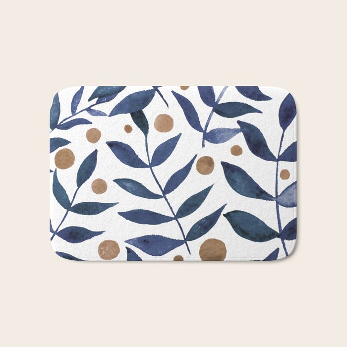Watercolor berries and branches - indigo and beige Bath Mat Gallery Image 1