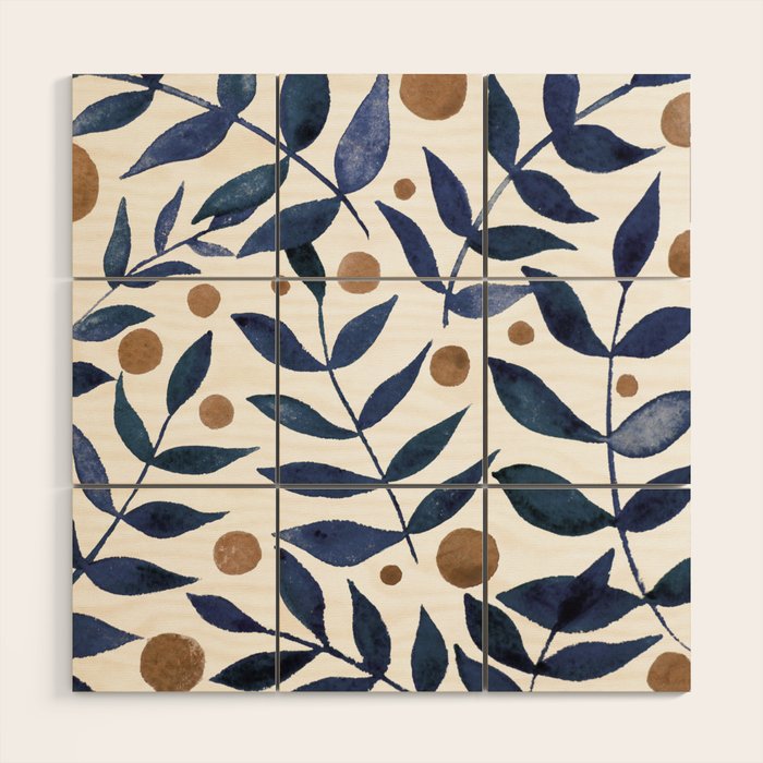 Watercolor berries and branches - indigo and beige Wood Wall Art Gallery Image 1