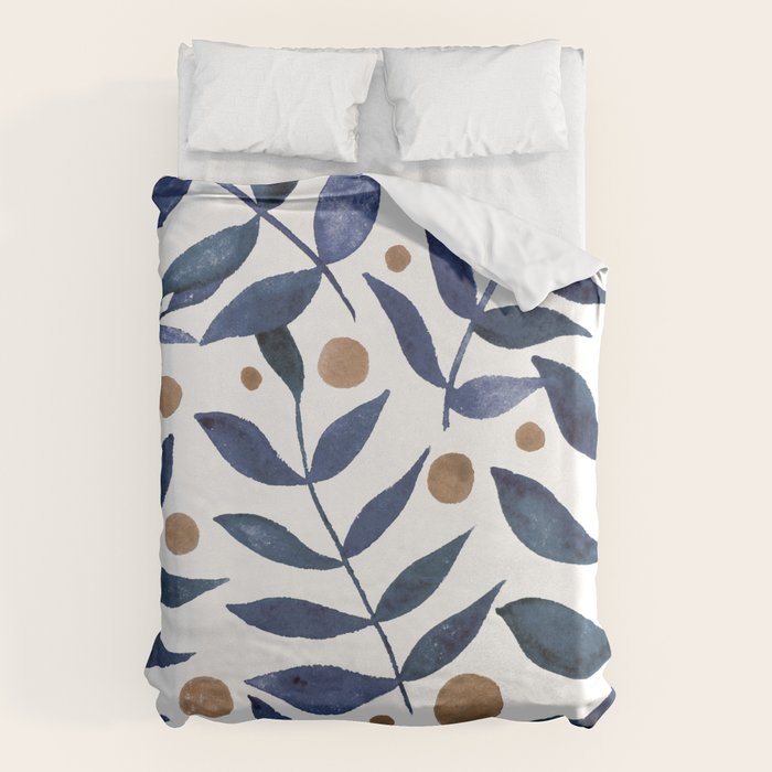 Watercolor berries and branches - indigo and beige Duvet Cover Gallery Image 6