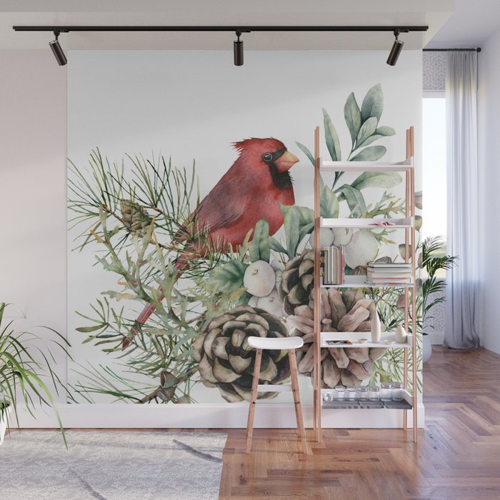 Christmas Cardinal and Pine Wall Mural Gallery Image 1