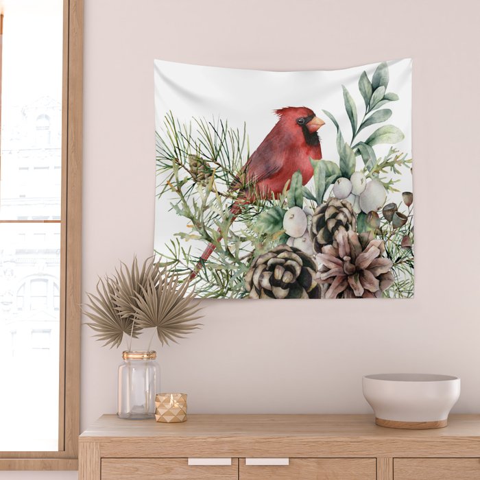 Christmas Cardinal and Pine Wall Tapestry Gallery Image 2