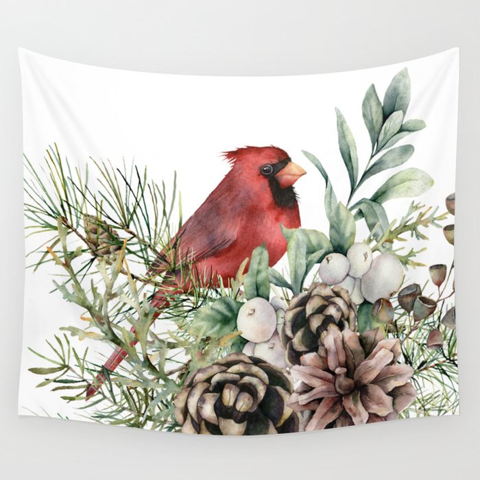 Christmas Cardinal and Pine Wall Tapestry Gallery Image 1