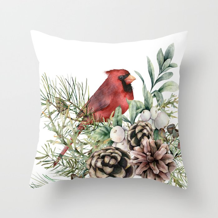 Christmas Cardinal and Pine Throw Pillow Gallery Image 1