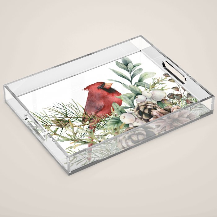 Christmas Cardinal and Pine Acrylic Tray Gallery Image 1