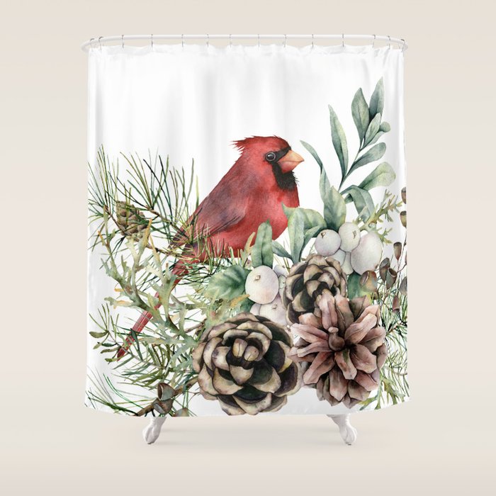Christmas Cardinal and Pine Shower Curtain Gallery Image 1