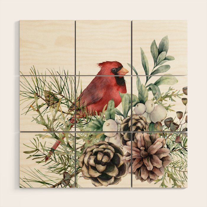 Christmas Cardinal and Pine Wood Wall Art Gallery Image 1
