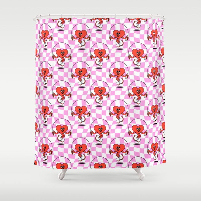 Retro love heart cartoon character pattern Shower Curtain Gallery Image 1