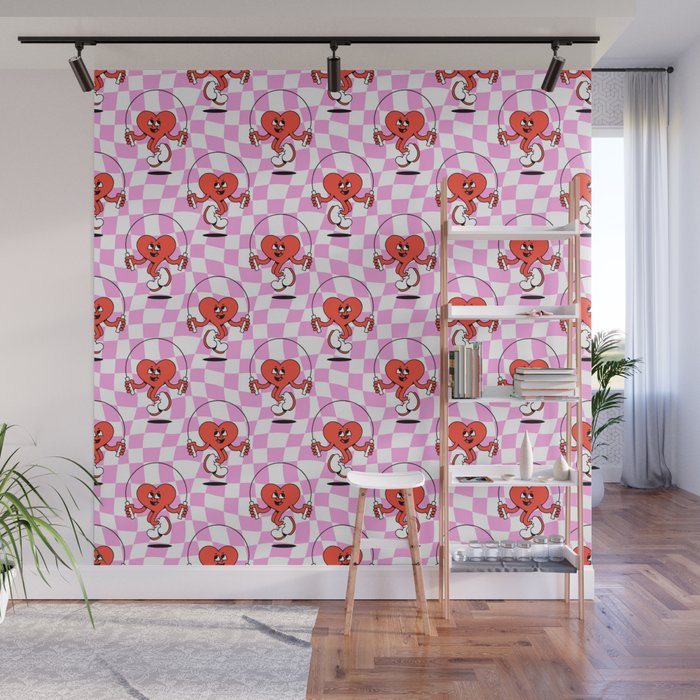 Retro love heart cartoon character pattern Wall Mural Gallery Image 1