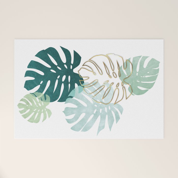 Tropical minimal / green, turquoise and gold monstera Welcome Mat Gallery Image 1