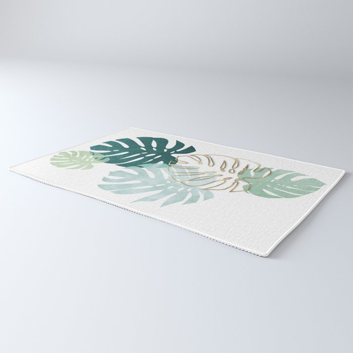 Tropical minimal / green, turquoise and gold monstera Rug Gallery Image 3