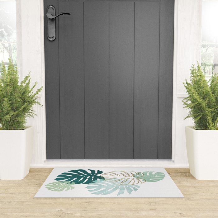 Tropical minimal / green, turquoise and gold monstera Welcome Mat Gallery Image 3