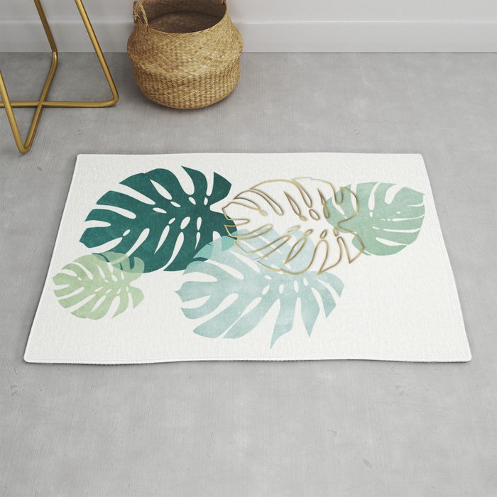 Tropical minimal / green, turquoise and gold monstera Rug Gallery Image 1