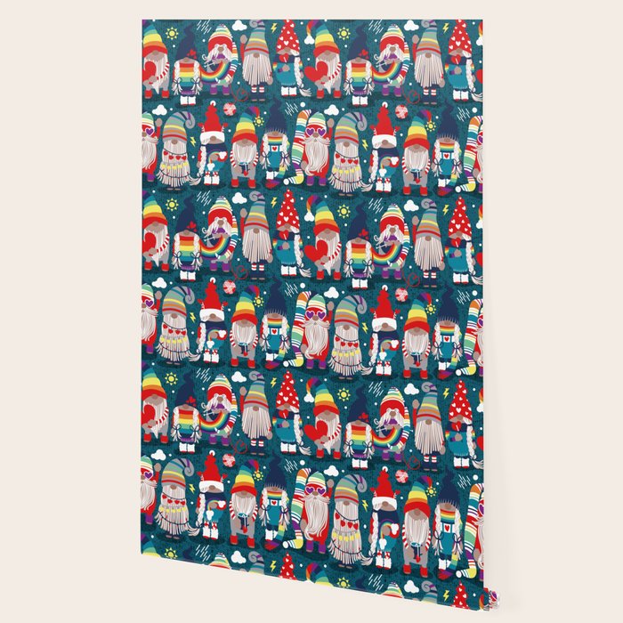 I gnome you // dark teal background little happy and lovely gnomes with rainbows vivid red hearts Wallpaper Gallery Image 2