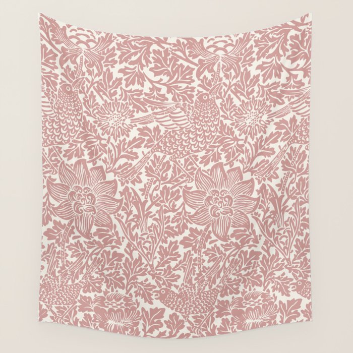 William Morris Vintage Strawberry Thief Pink & White Pattern Wall Tapestry Gallery Image 1