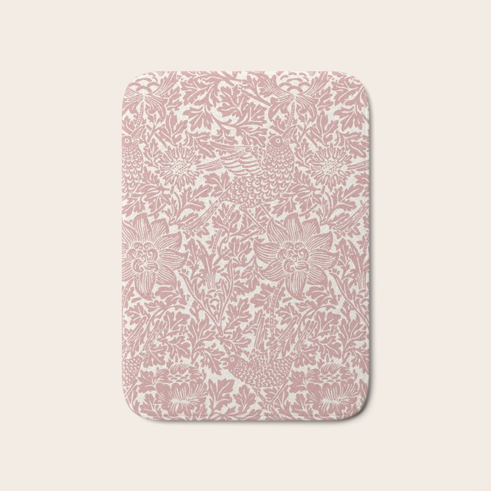 William Morris Vintage Strawberry Thief Pink & White Pattern Bath Mat Gallery Image 1