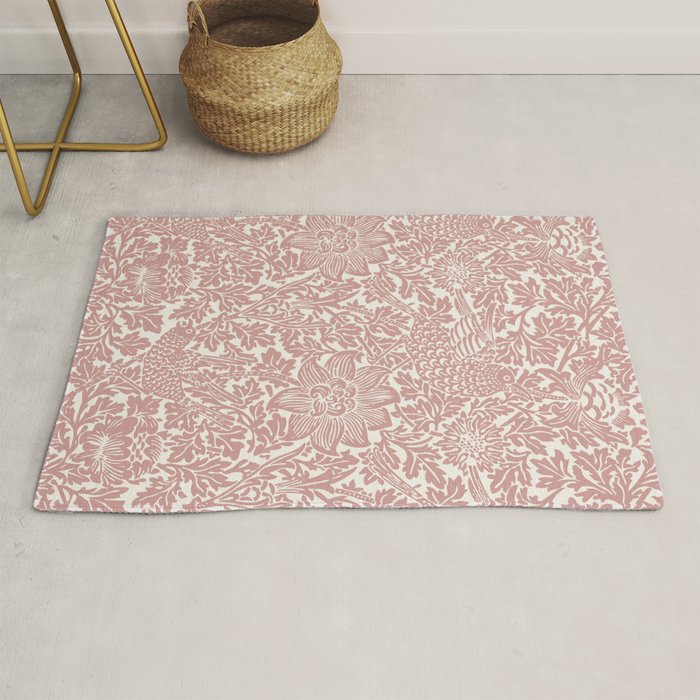 William Morris Vintage Strawberry Thief Pink & White Pattern Rug Gallery Image 1